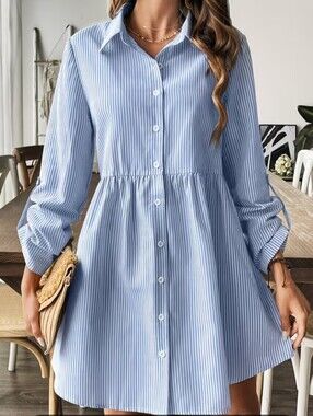 Striped Button-Front Shirt Dress in Light Blue